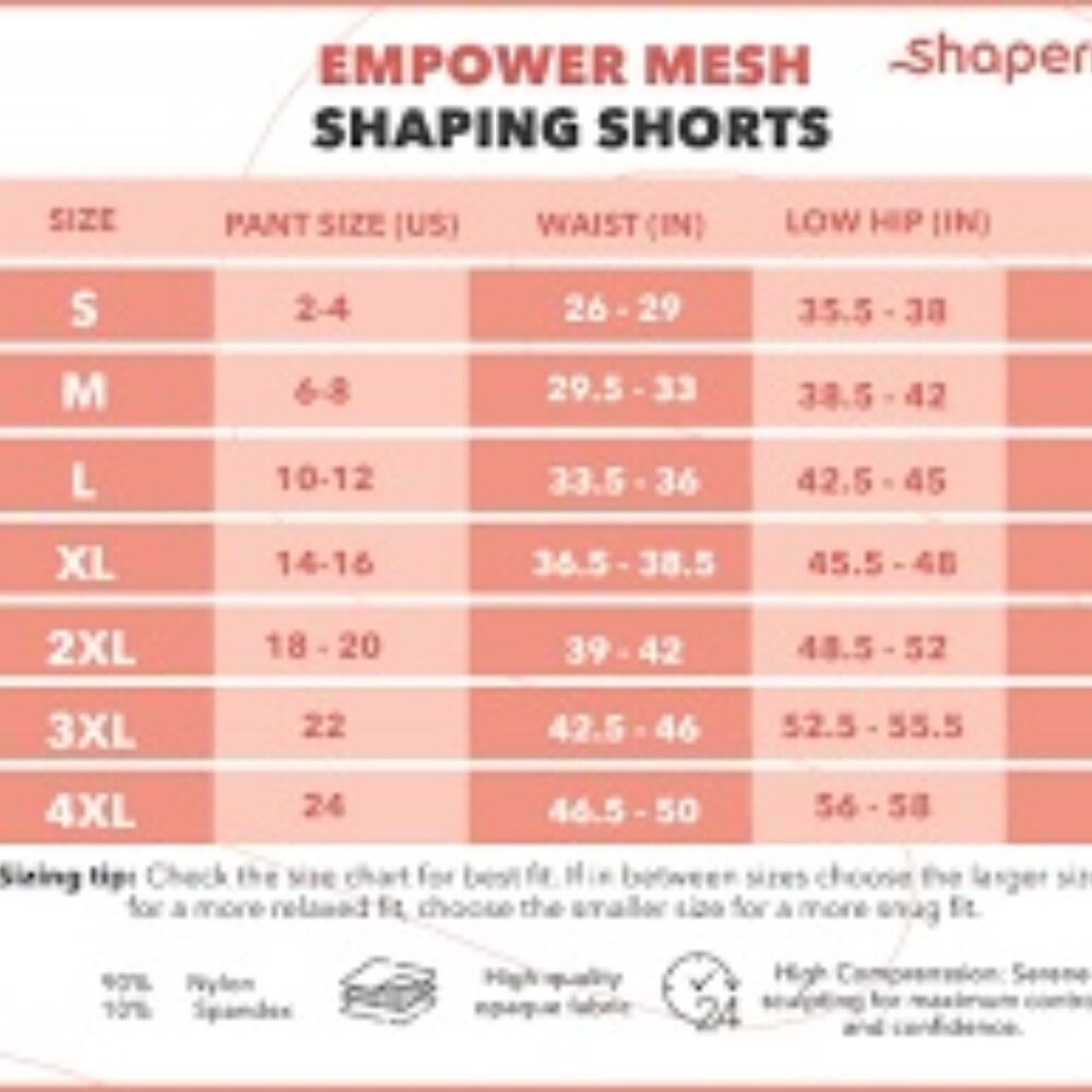 SHAPERMINT Empower Mesh Shaper SMesh Shaper Shorts Size Chart